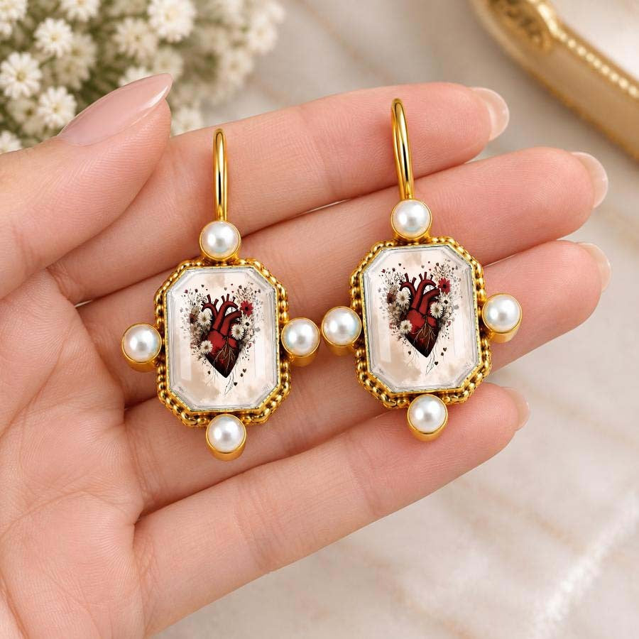 Vintage Anatomical Heart Pearl Drop Earrings