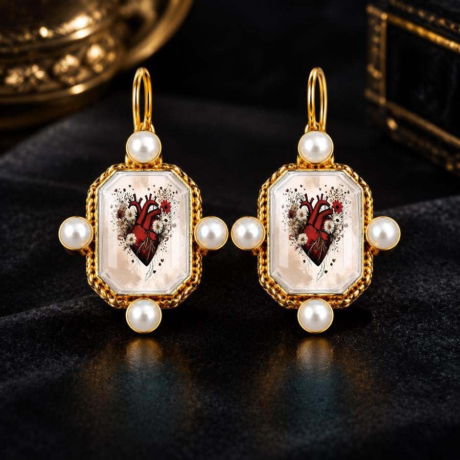 Vintage Anatomical Heart Pearl Drop Earrings