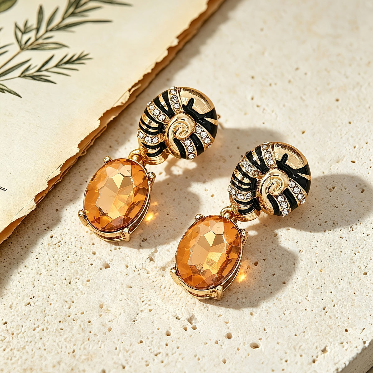 Spiral Amber Stone Drop Earrings