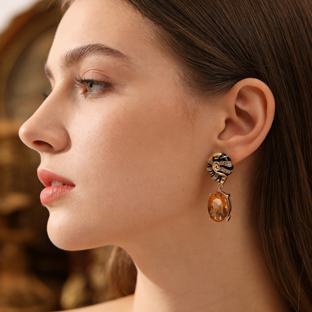 Spiral Amber Stone Drop Earrings