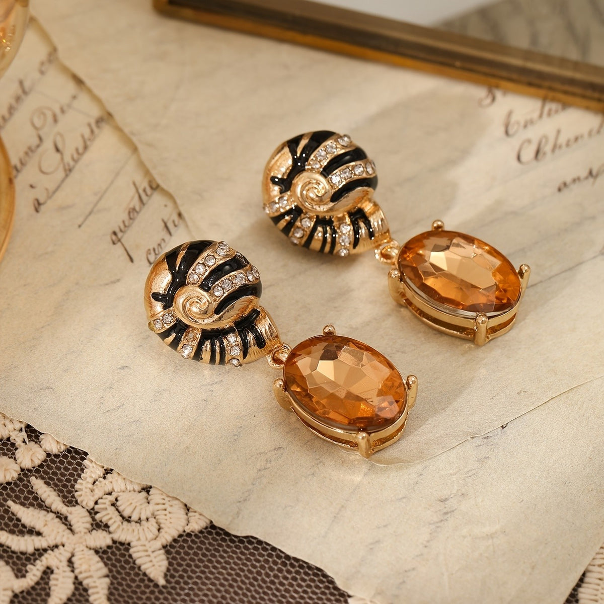 Spiral Amber Stone Drop Earrings