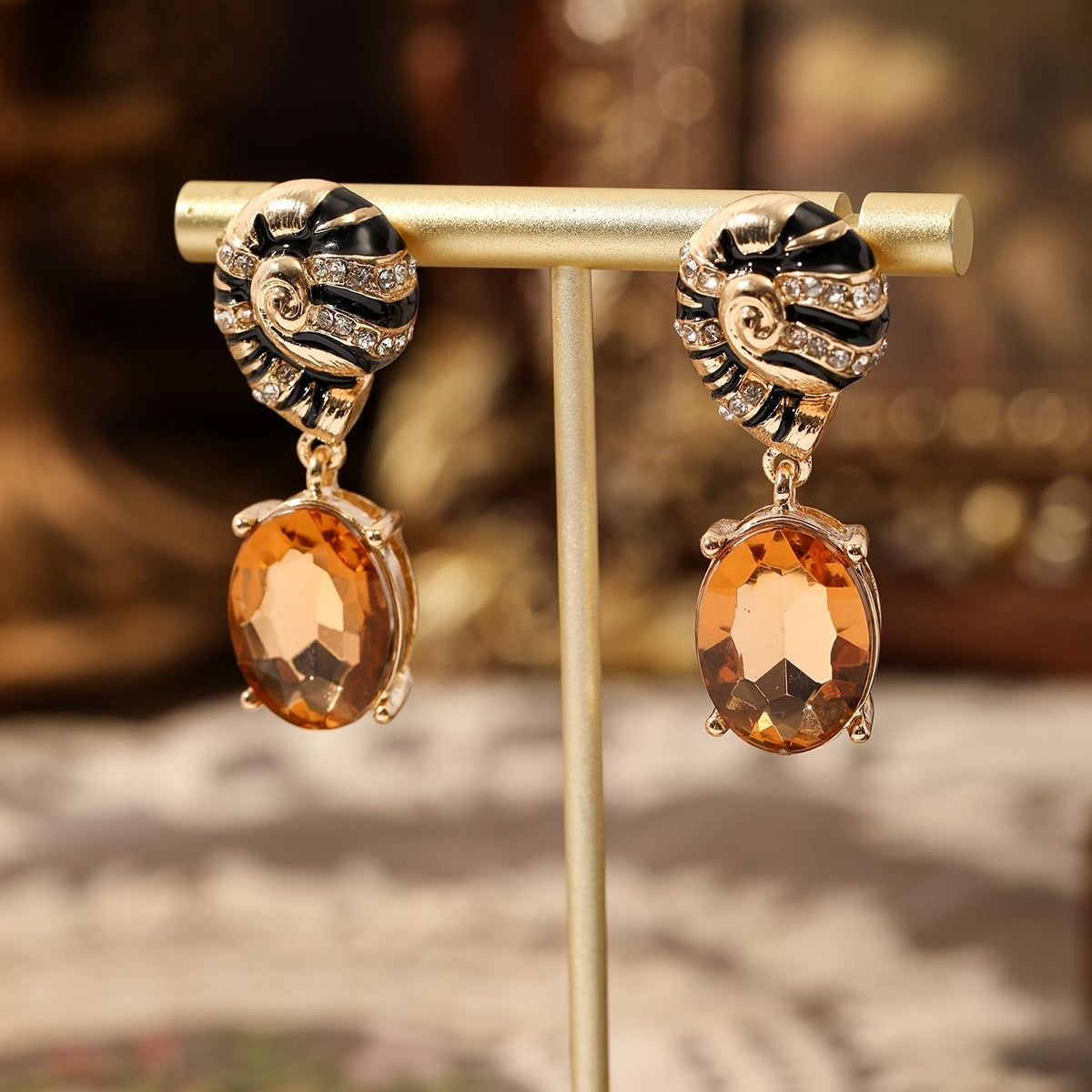 Spiral Amber Stone Drop Earrings