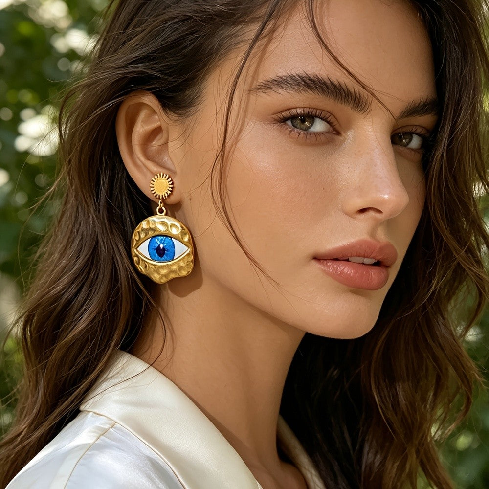 18k Textured Evil Eye Drop Earrings