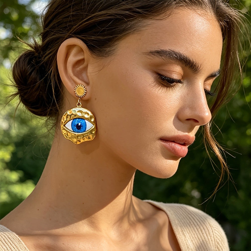 18k Textured Evil Eye Drop Earrings