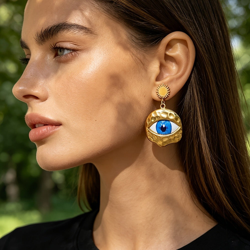 18k Textured Evil Eye Drop Earrings