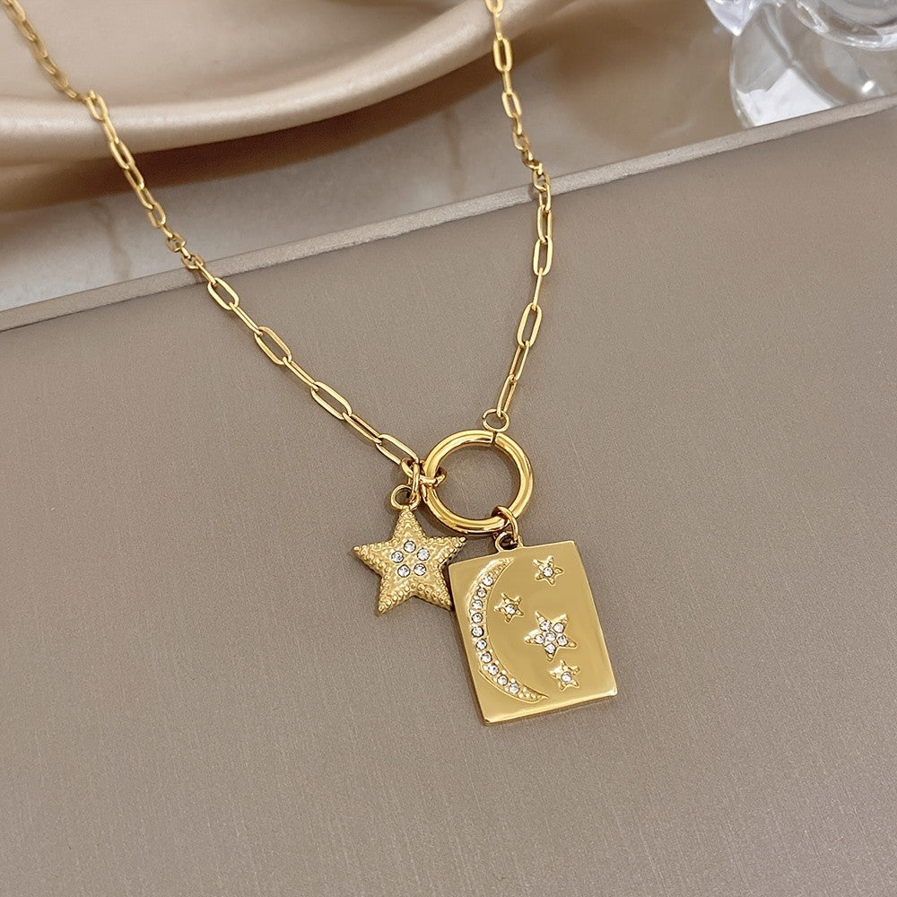 18k Moon Star Square Pendant Necklace