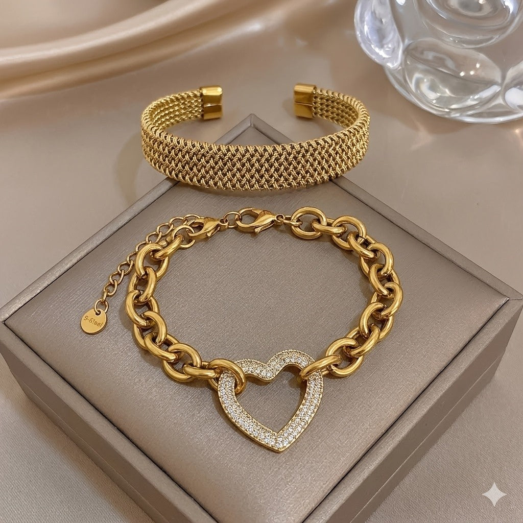 18k Paved Heart Chain Bracelet Set
