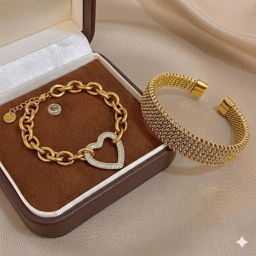 18k Paved Heart Chain Bracelet Set