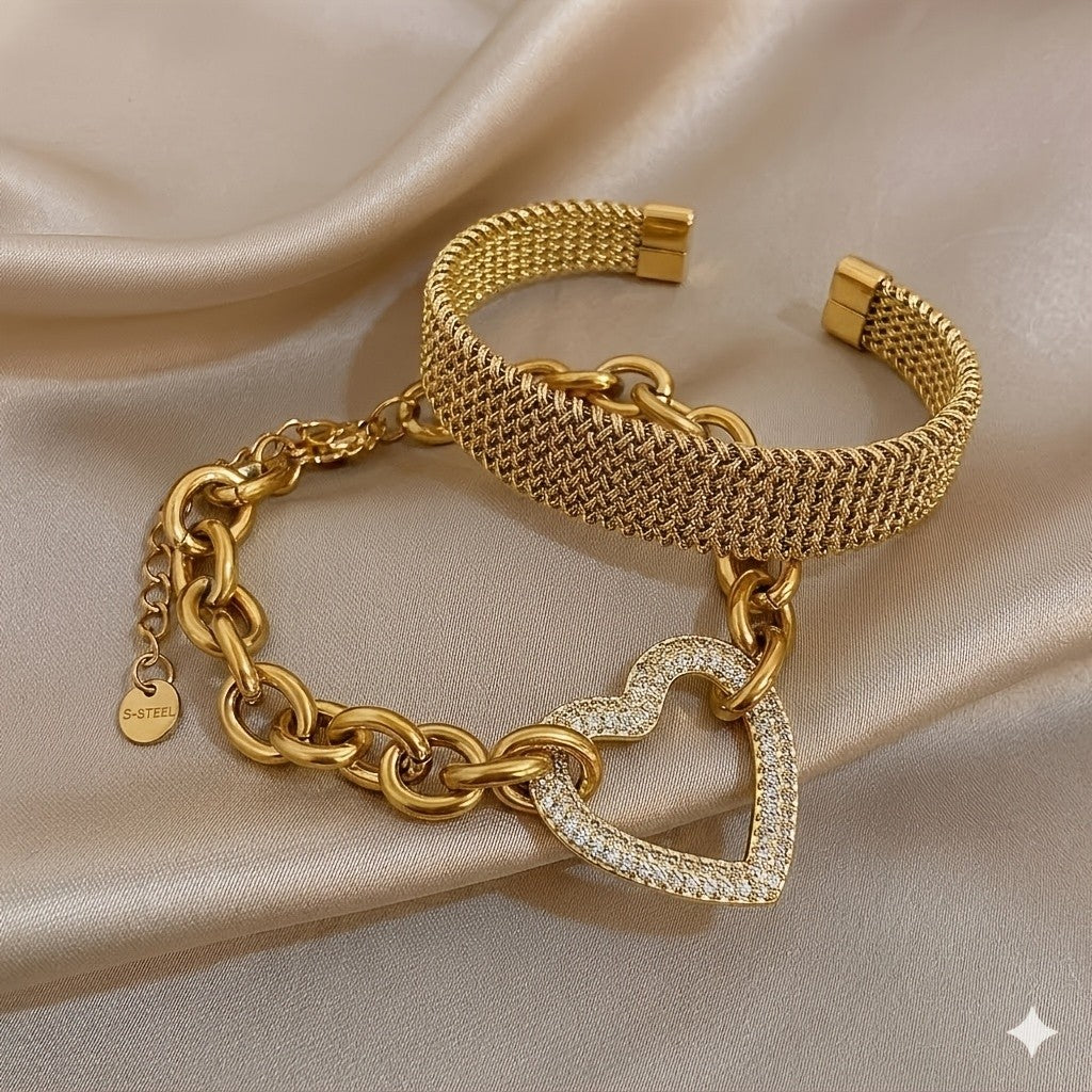 18k Paved Heart Chain Bracelet Set