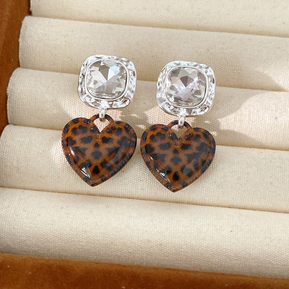 Vintage Leopard Print Heart Drop Earrings