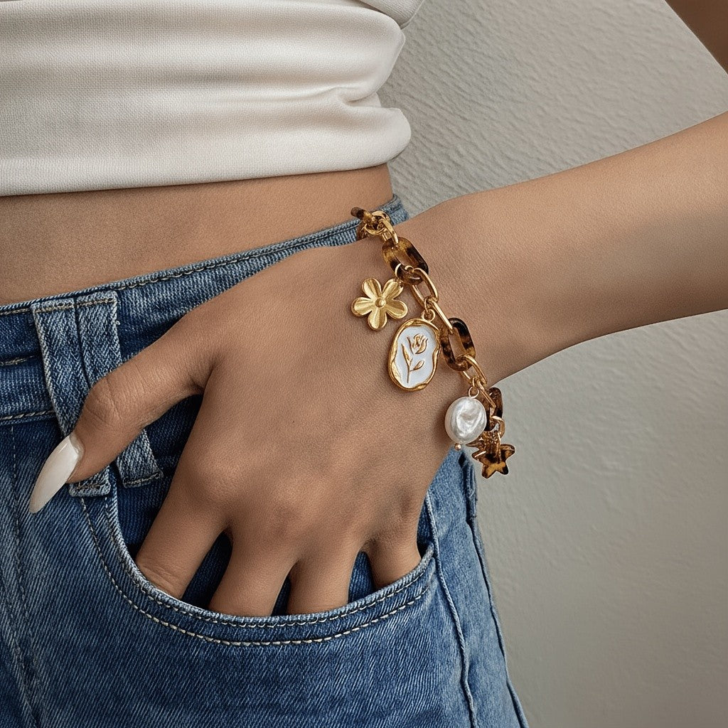 18k Floral Charm Link Bracelet