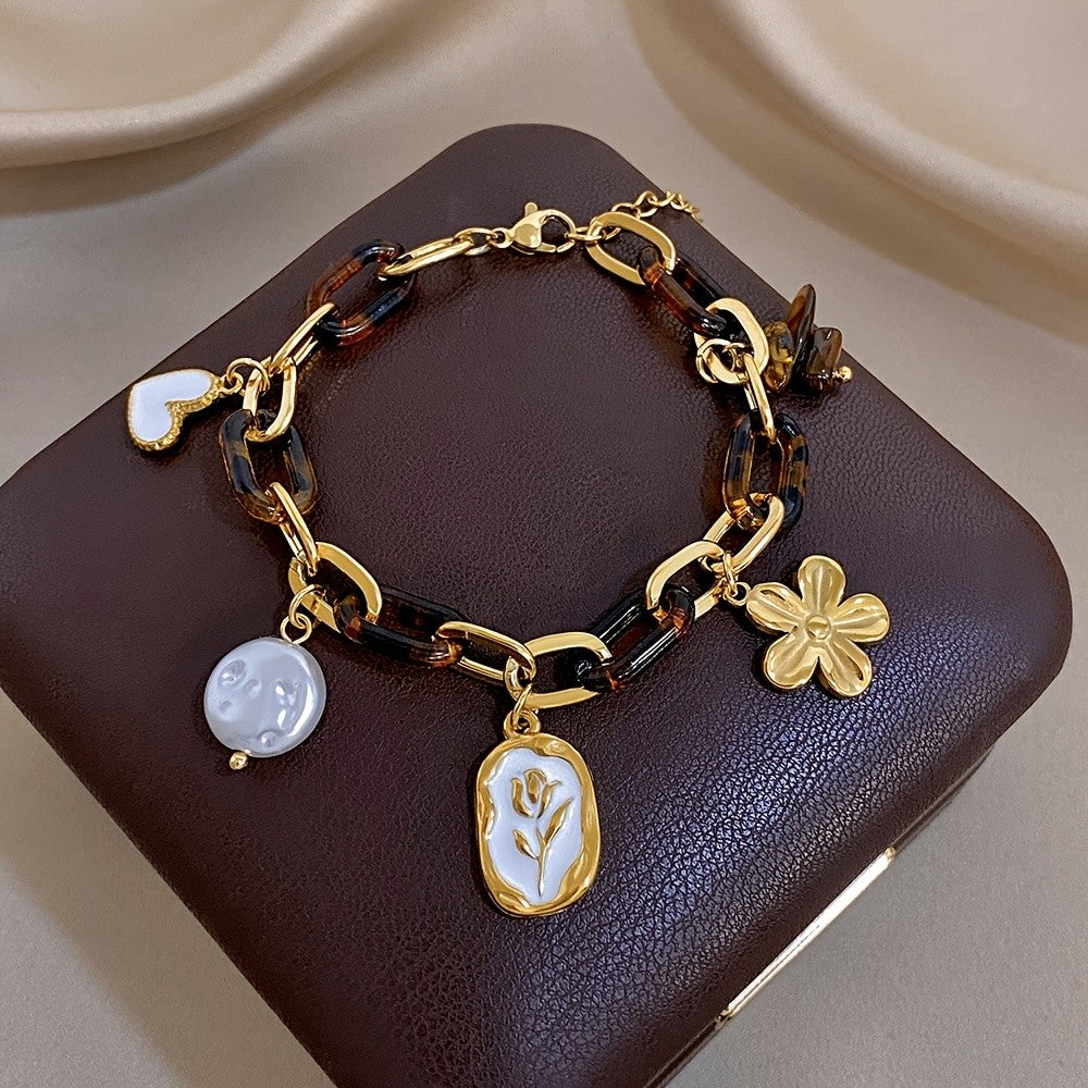 18k Floral Charm Link Bracelet