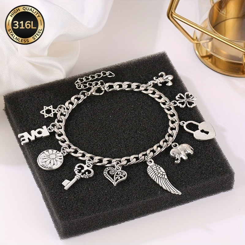 Vintage Charm Bracelet with Elephant and Wing Pendants