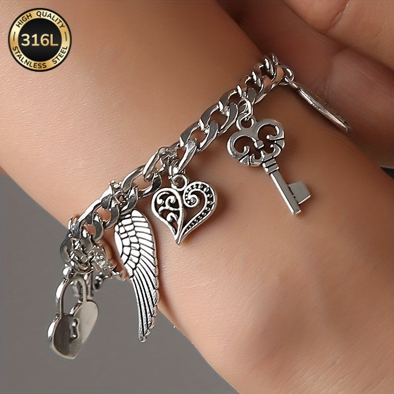Vintage Charm Bracelet with Elephant and Wing Pendants