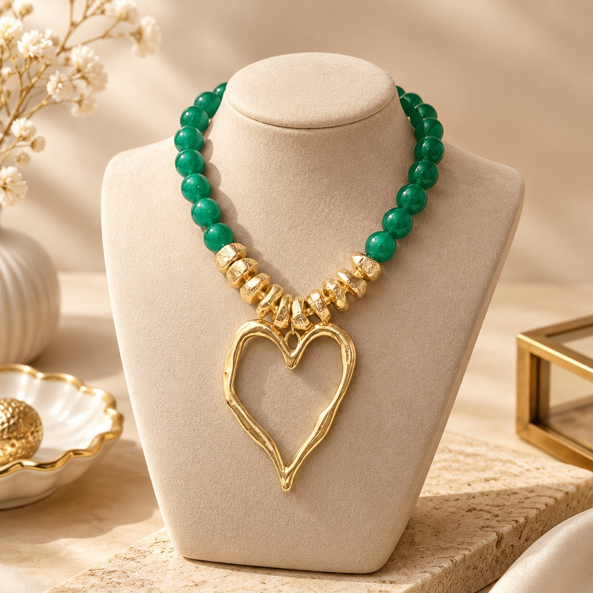 Vintage Green Bead Heart Pendant Necklace