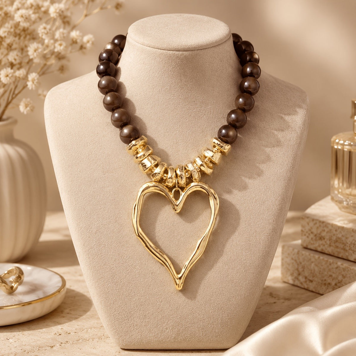 Vintage Green Bead Heart Pendant Necklace