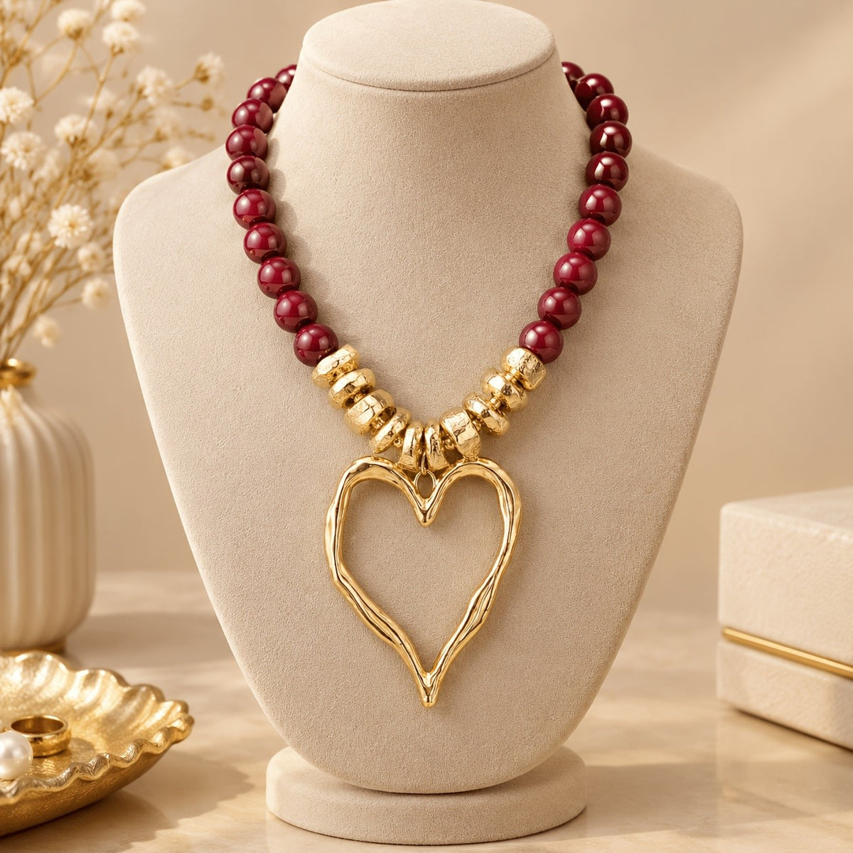 Vintage Green Bead Heart Pendant Necklace