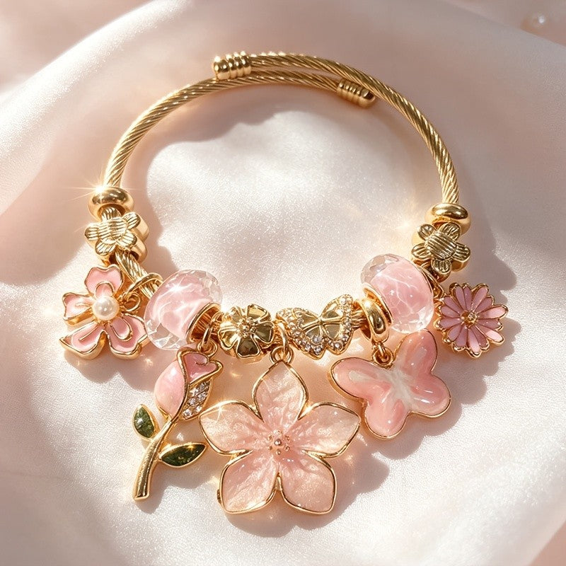 Adjustable Floral Charm Bangle