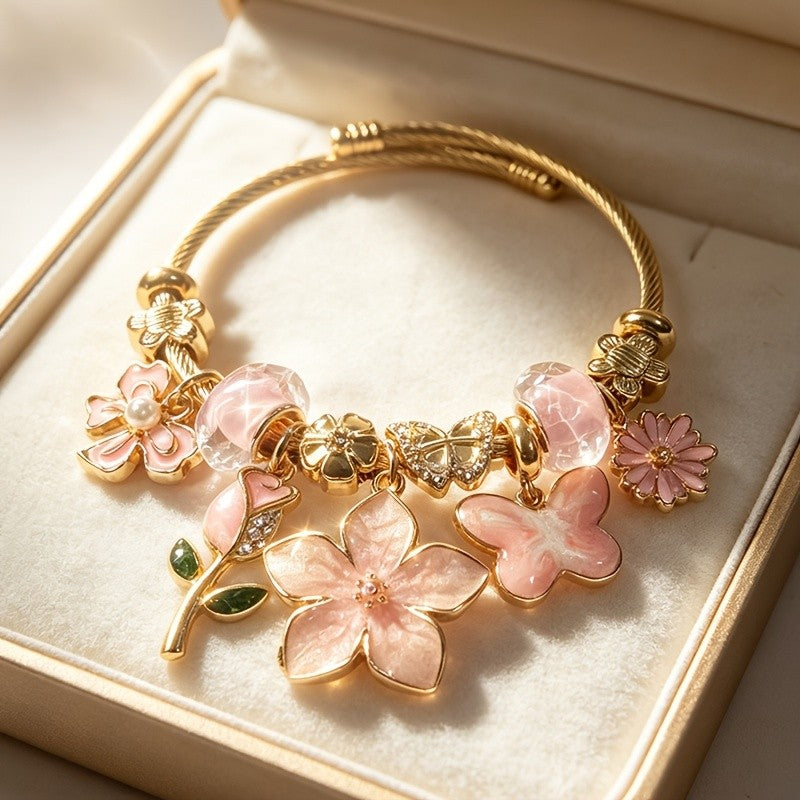 Adjustable Floral Charm Bangle