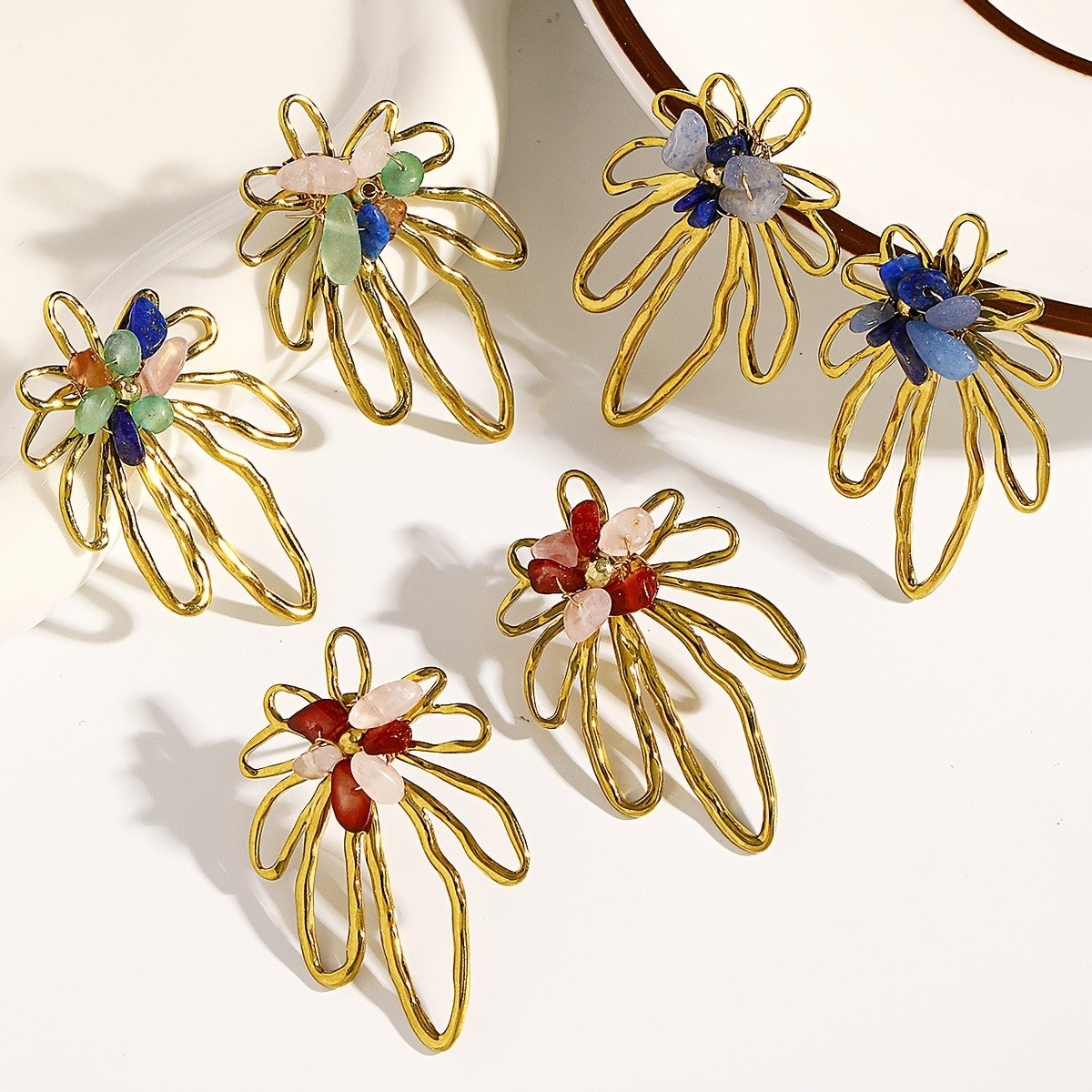 Asymmetric Hollow Flower Stone Earrings