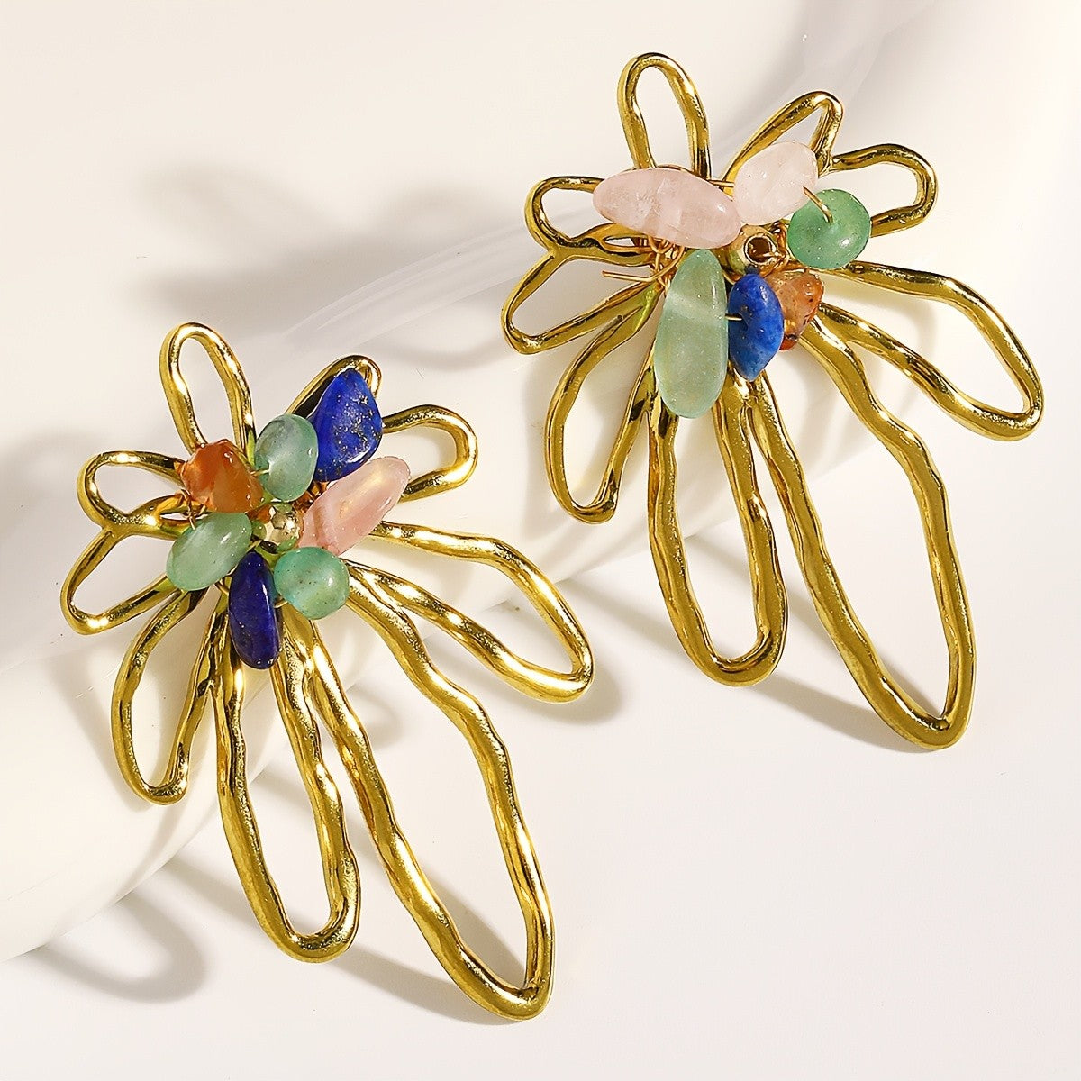 Asymmetric Hollow Flower Stone Earrings