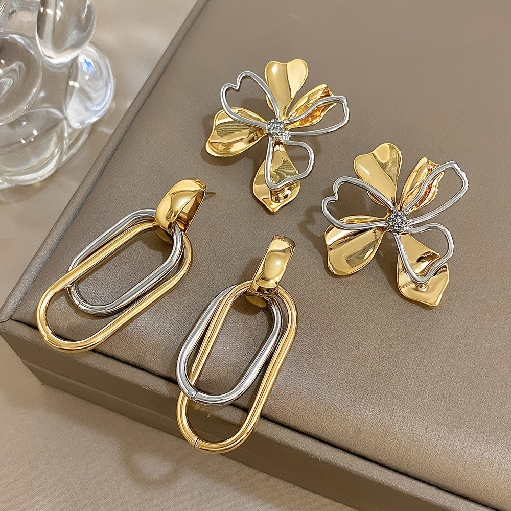 Two Tone Geometric Flower & Oval Earring Set