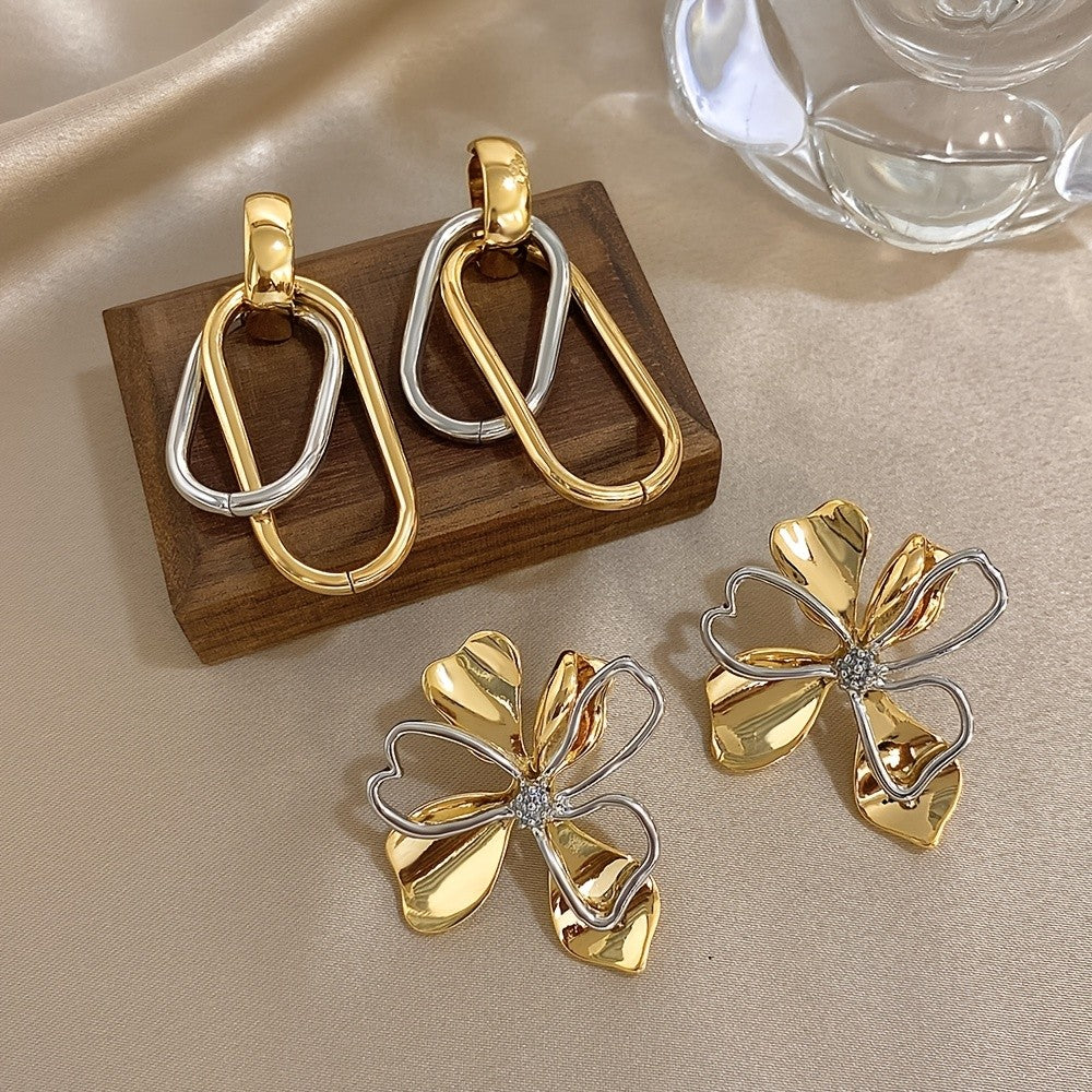 Two Tone Geometric Flower & Oval Earring Set