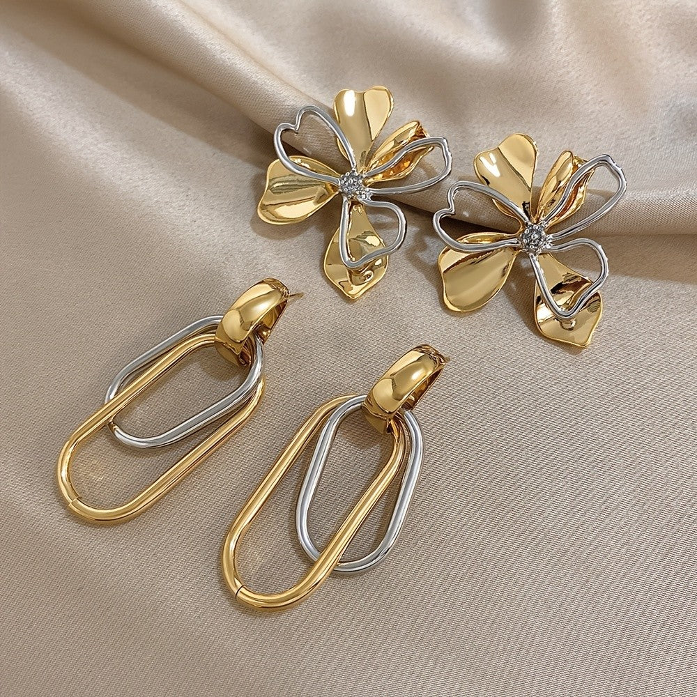 Two Tone Geometric Flower & Oval Earring Set