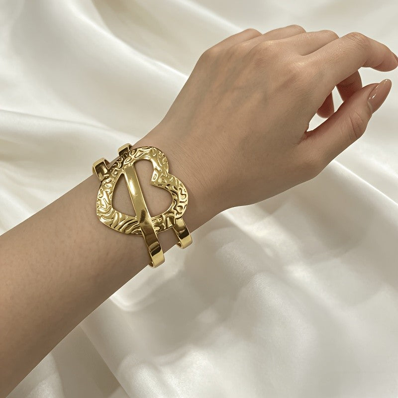 Vintage Textured Heart Open Cuff Bracelet