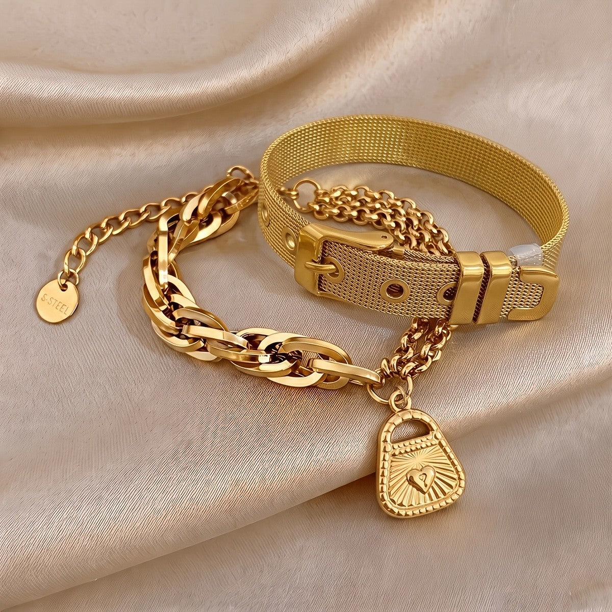 18k Chunky Chain & Mesh Bracelet Set