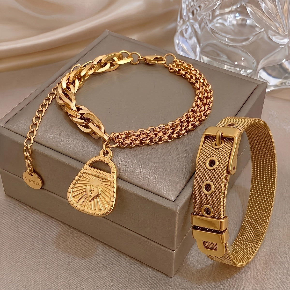 18k Chunky Chain & Mesh Bracelet Set