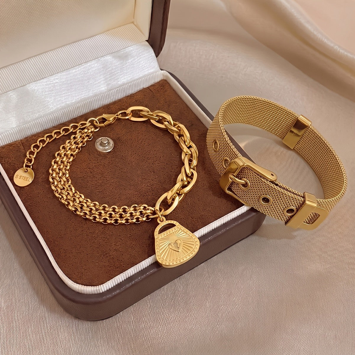 18k Chunky Chain & Mesh Bracelet Set