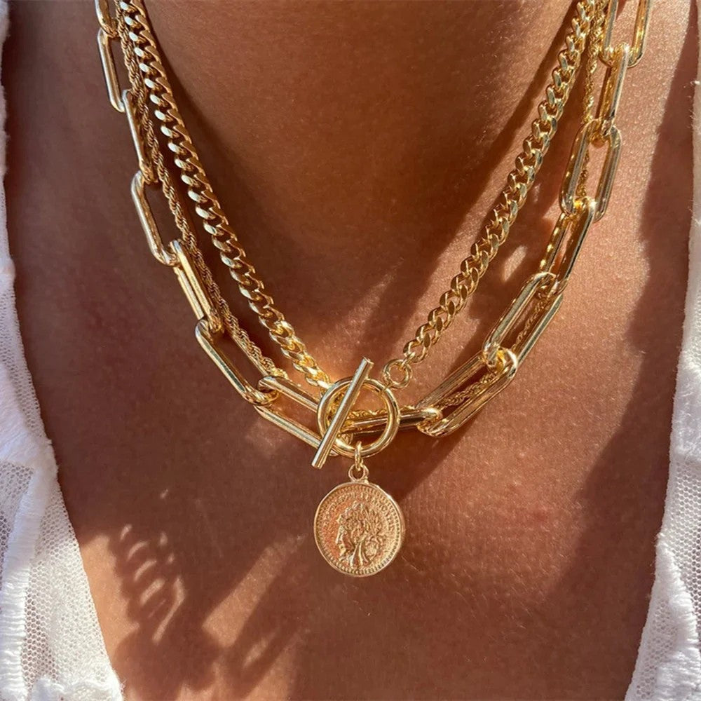 Layered Chain Coin Pendant Necklace