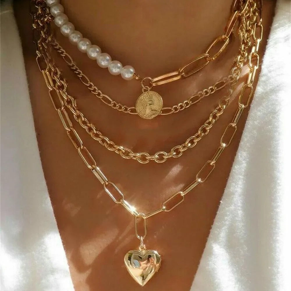 Layered Chain Coin Pendant Necklace