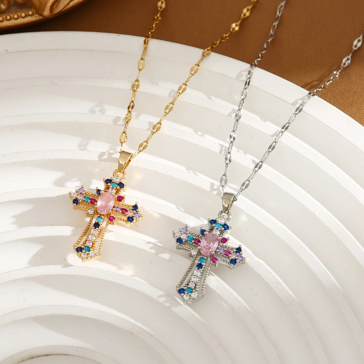 Colorful Stone Cross Pendant Necklace