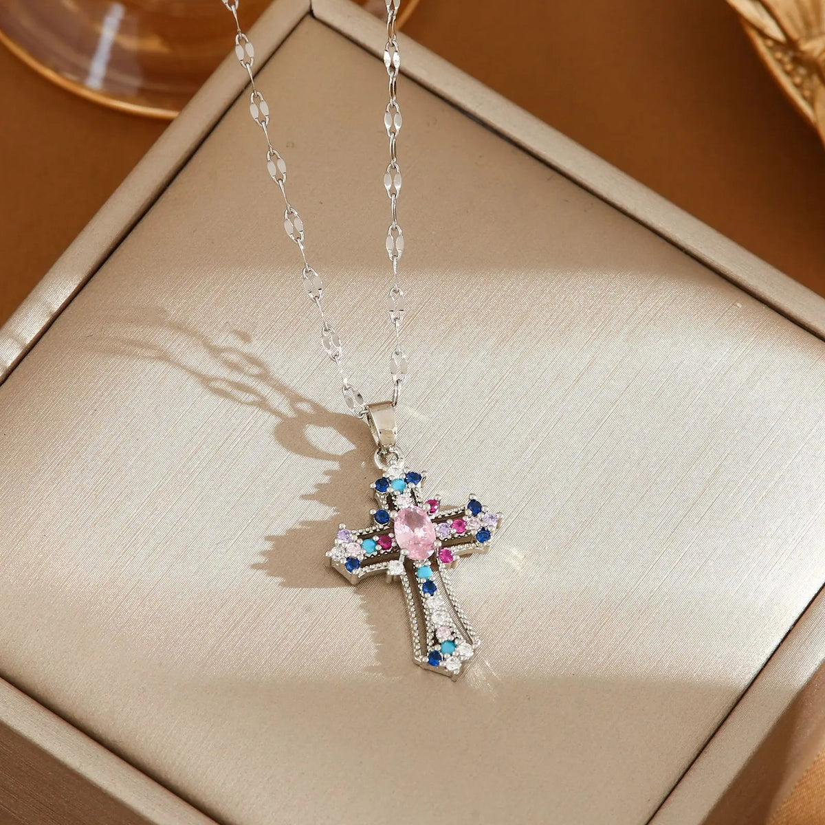Colorful Stone Cross Pendant Necklace