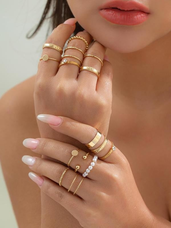 Rhinestone & Pearl Stackable Ring Set