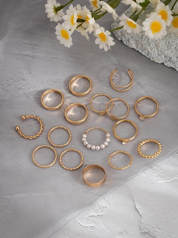 Rhinestone & Pearl Stackable Ring Set
