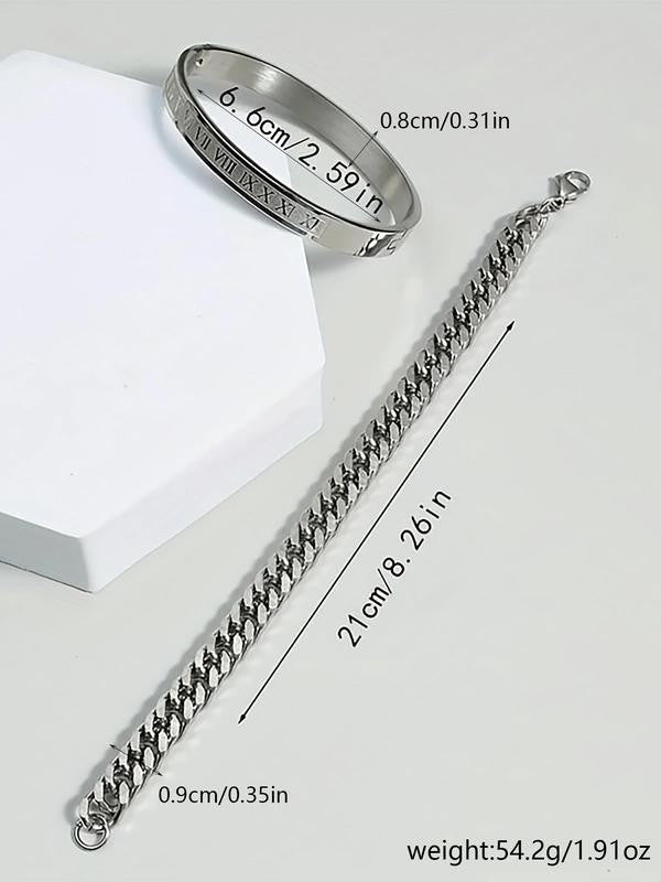 Roman Numeral Bangle & Link Chain Bracelet Set