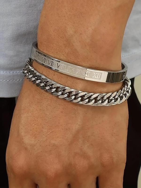 Roman Numeral Bangle & Link Chain Bracelet Set