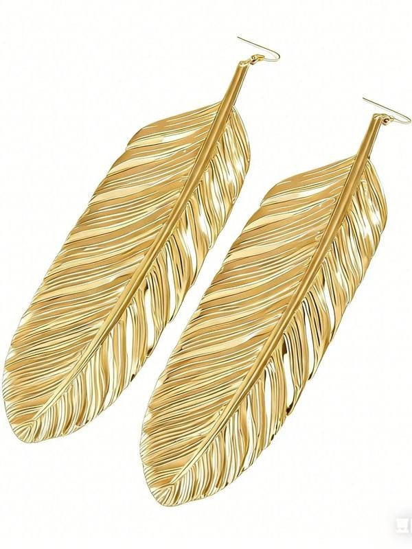 Large Gold Feather Drop Earrings