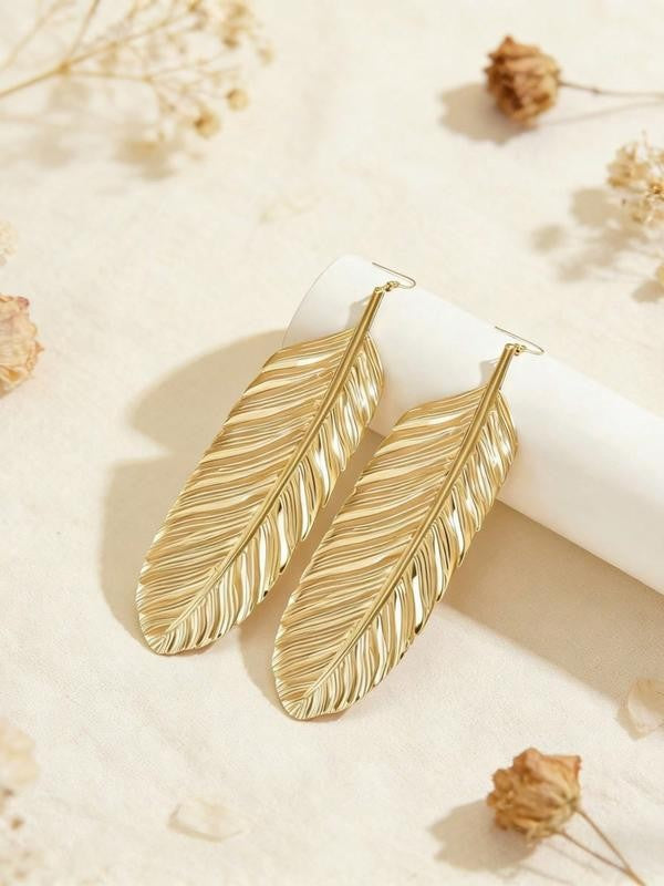Large Gold Feather Drop Earrings