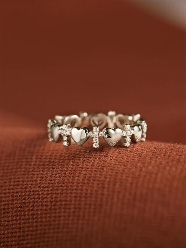Rhinestone Cross & Heart Ring