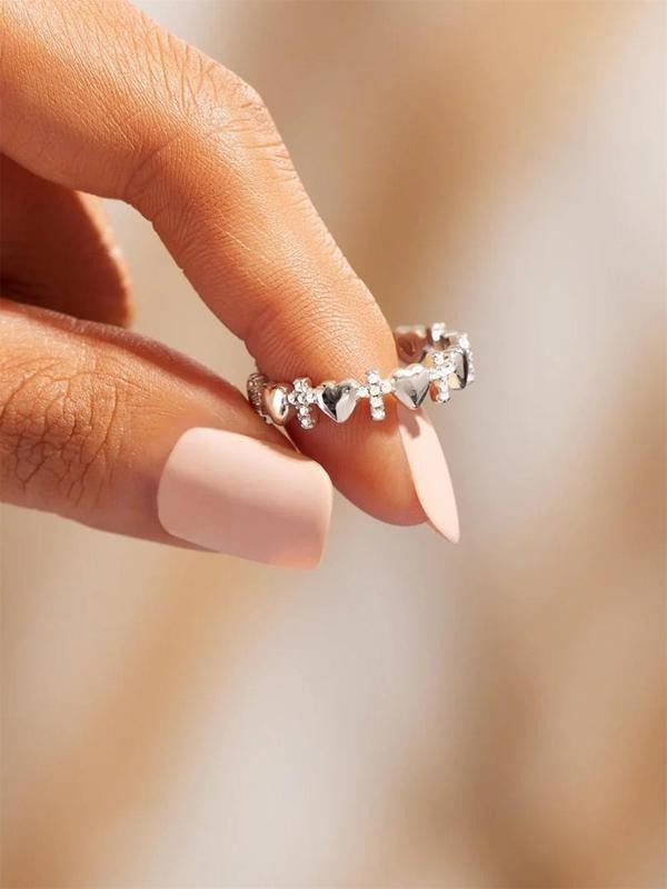 Rhinestone Cross & Heart Ring