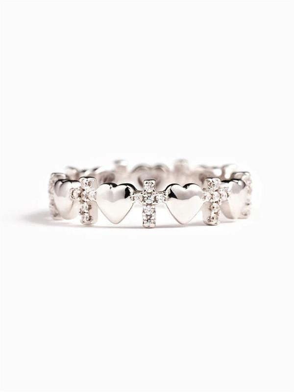 Rhinestone Cross & Heart Ring