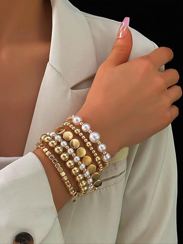 Layered Pearl and Gold Bead Bracelet Set