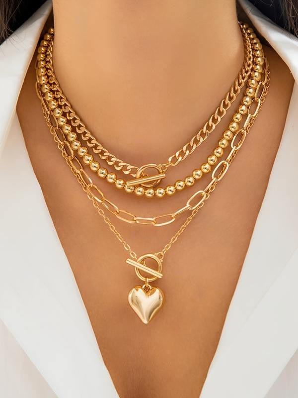 Layered Gold Heart Pendant Necklace Set