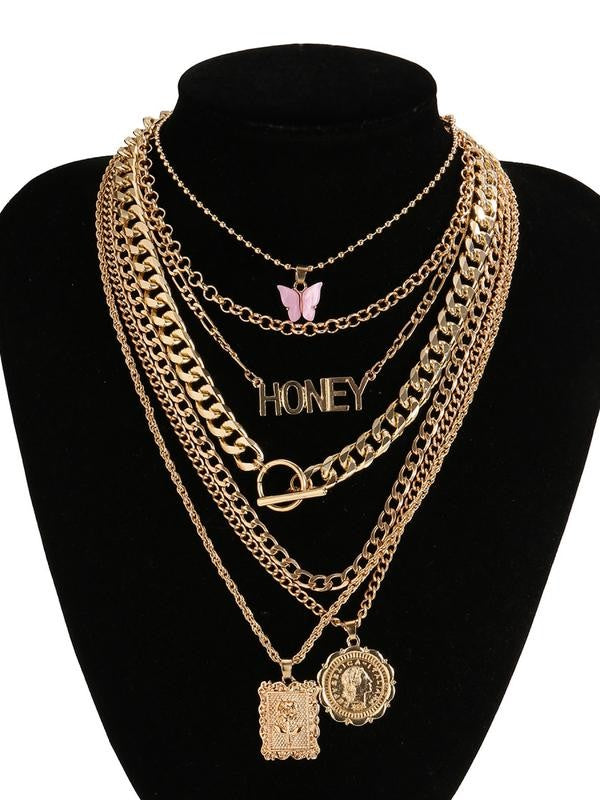 Layered Honey Letter & Butterfly Necklace Set