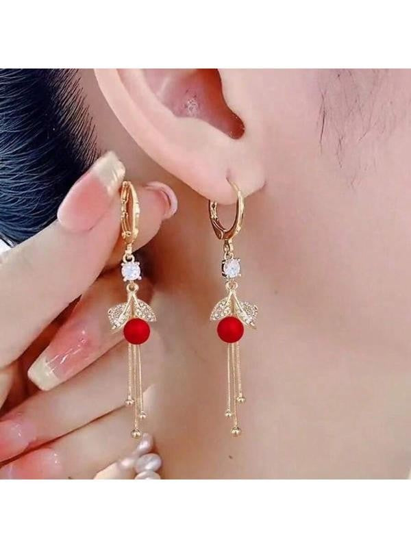 Red Bead Leaf Tassel Drop Earrings
