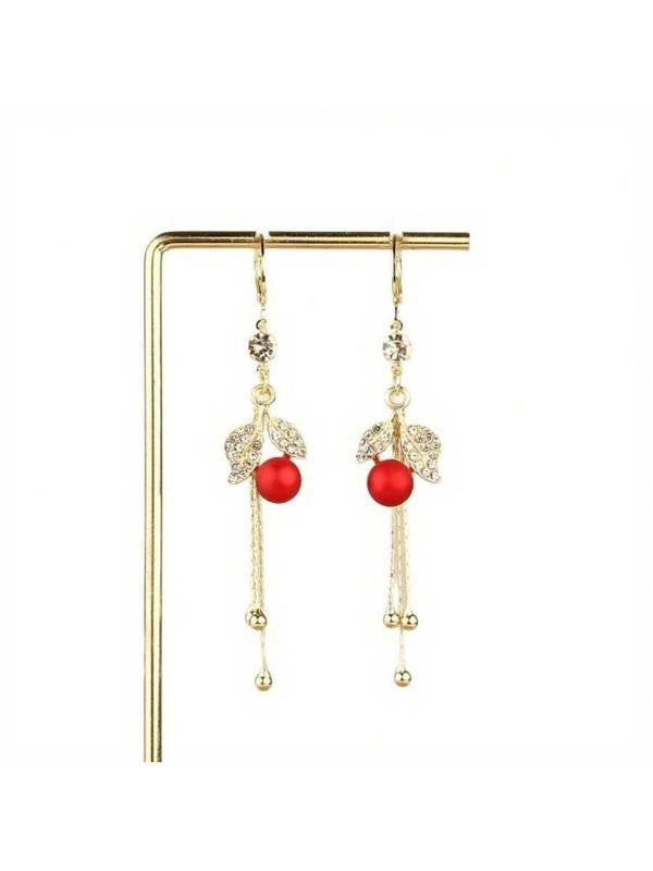 Red Bead Leaf Tassel Drop Earrings
